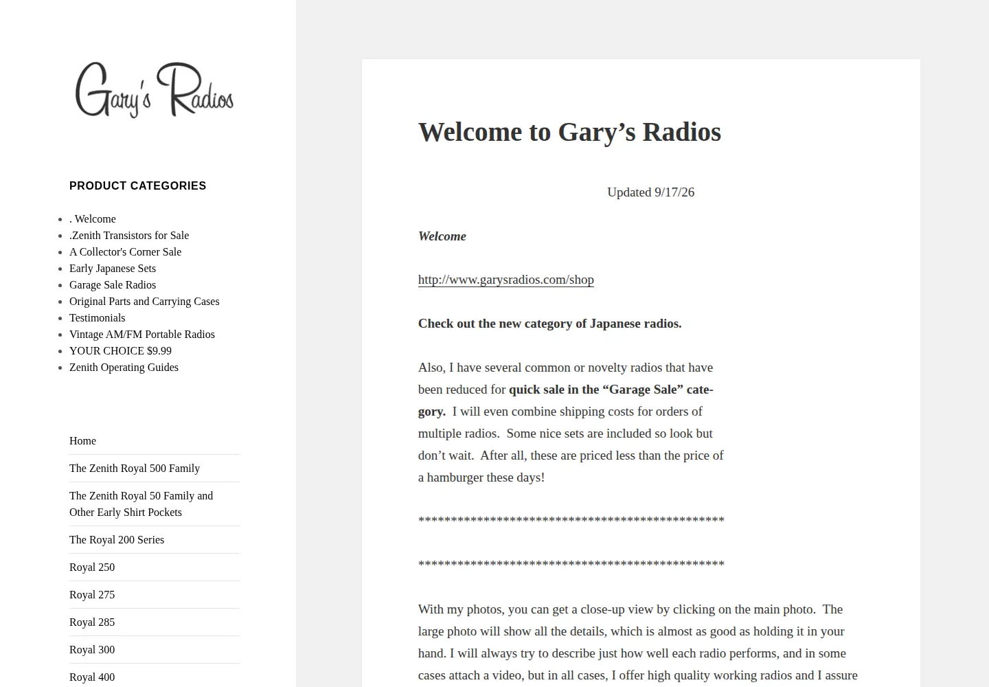 Captured homepage of garysradios.com in the current scan