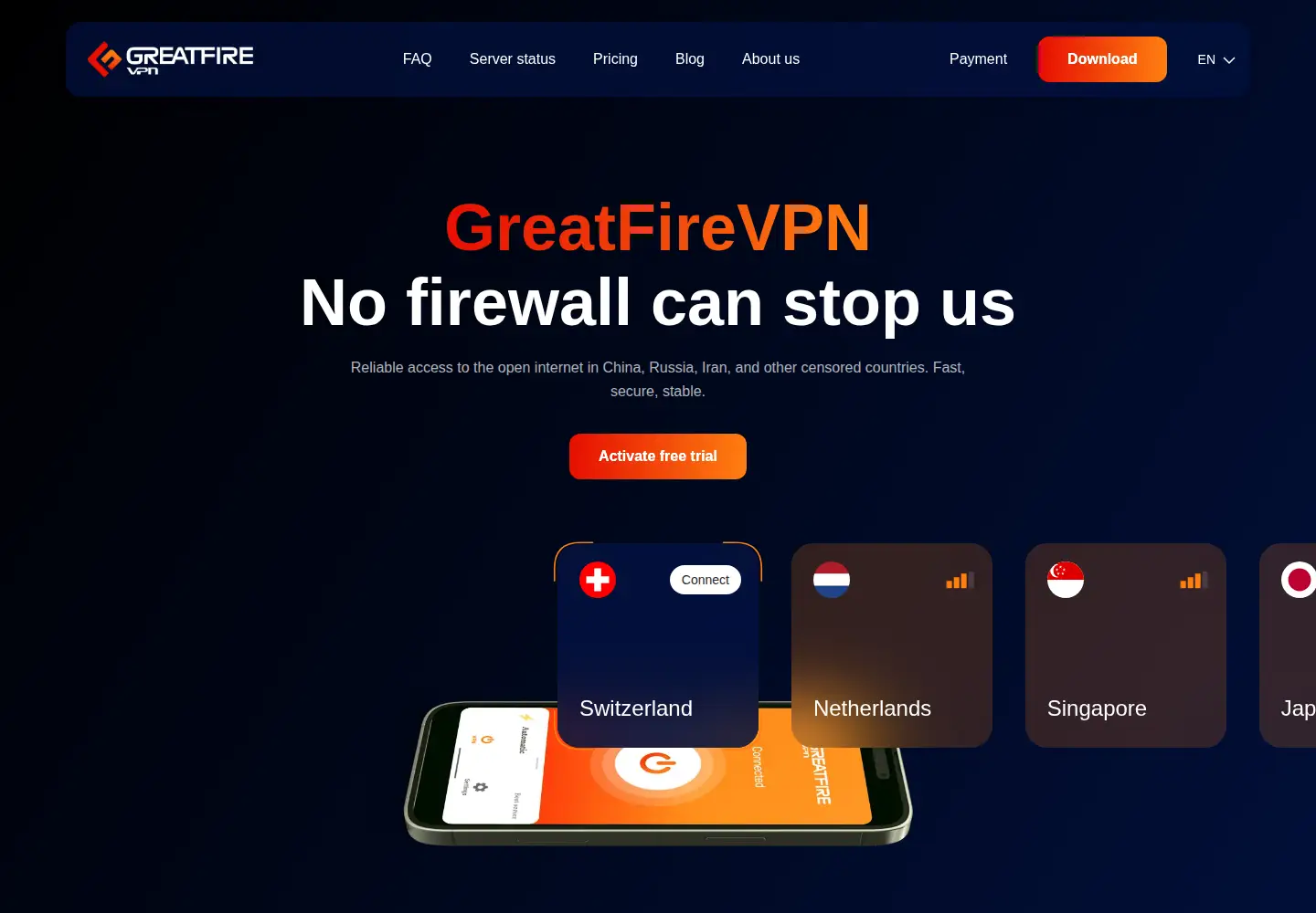 Screenshot of greatfirevpn.com