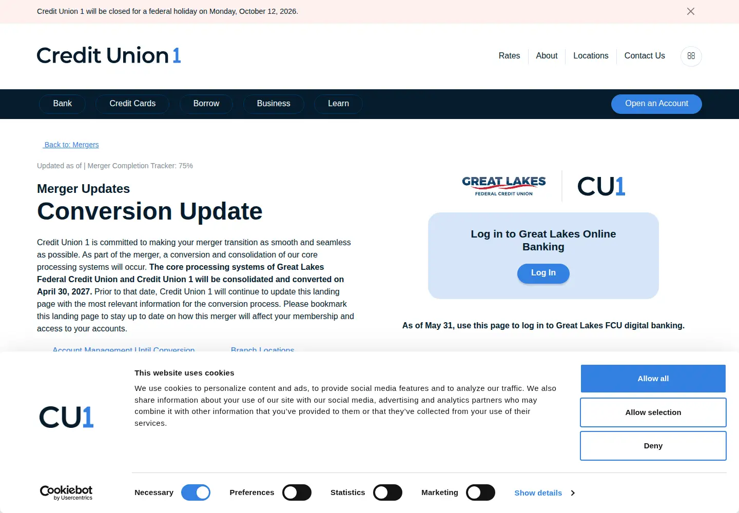 Captured homepage of greatlakesfcu.com in the current scan
