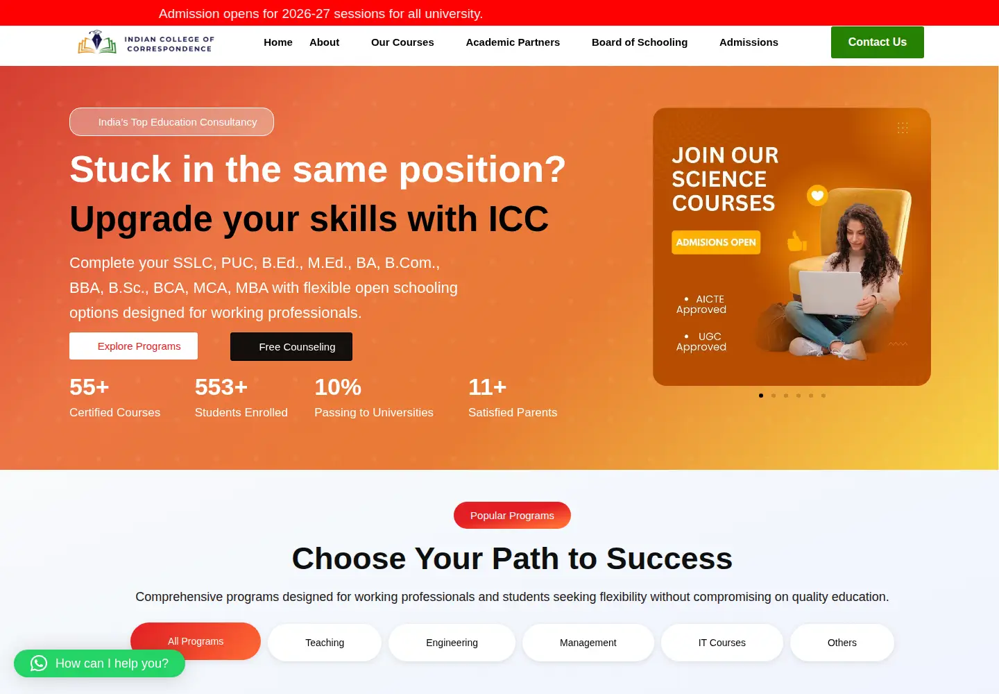 Captured homepage of indiancollegeofcorrespondence.com in the current scan