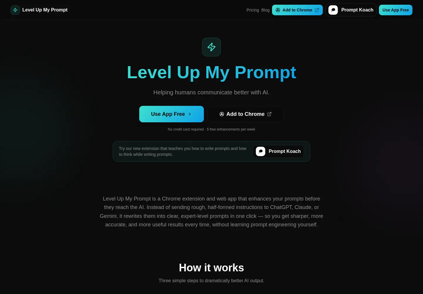 Captured homepage of levelupmyprompt.com in the current scan