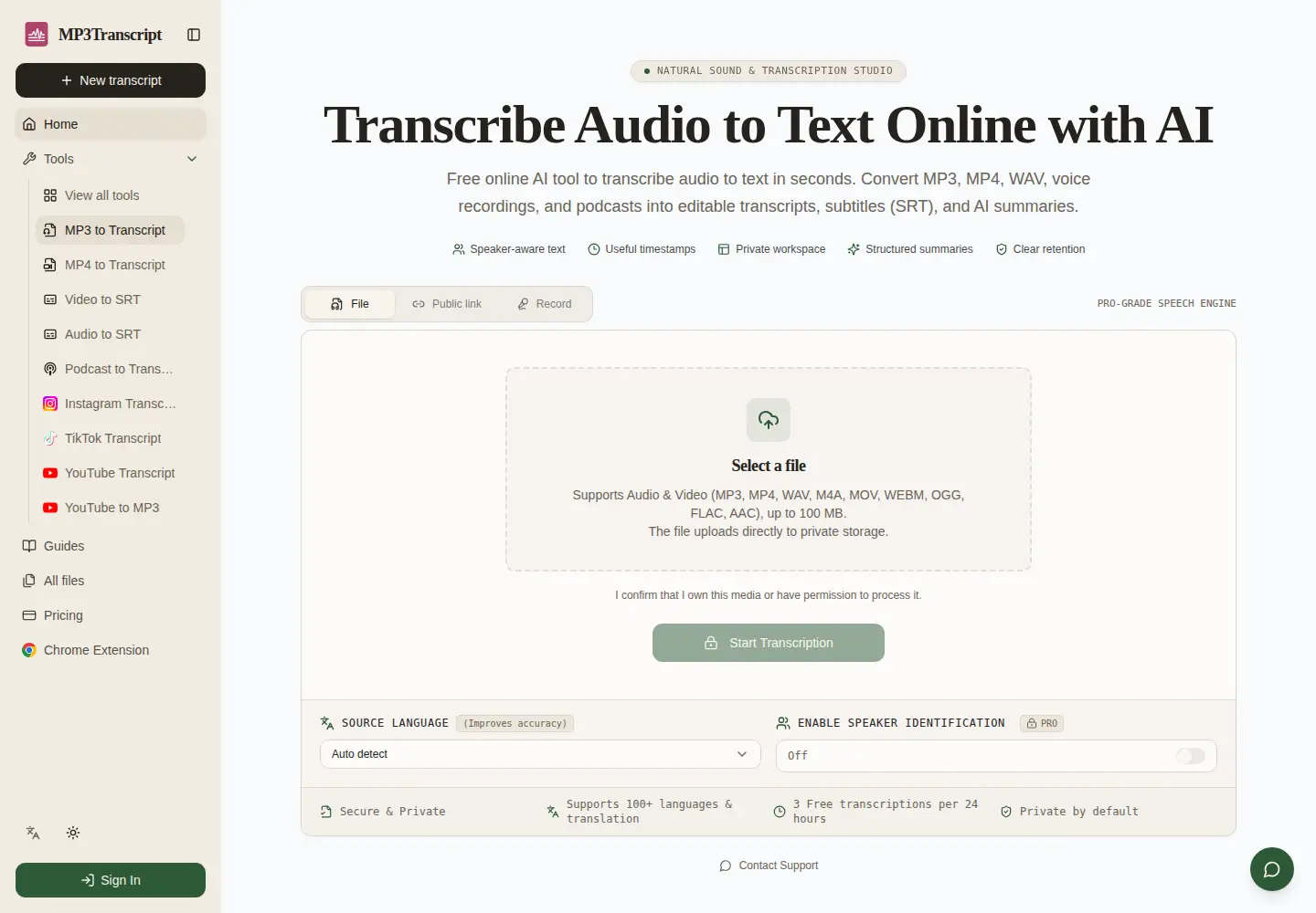 Screenshot of mp3transcript.com