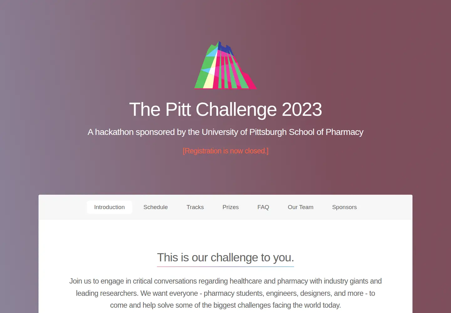 Captured homepage of pittchallenge.com in the current scan