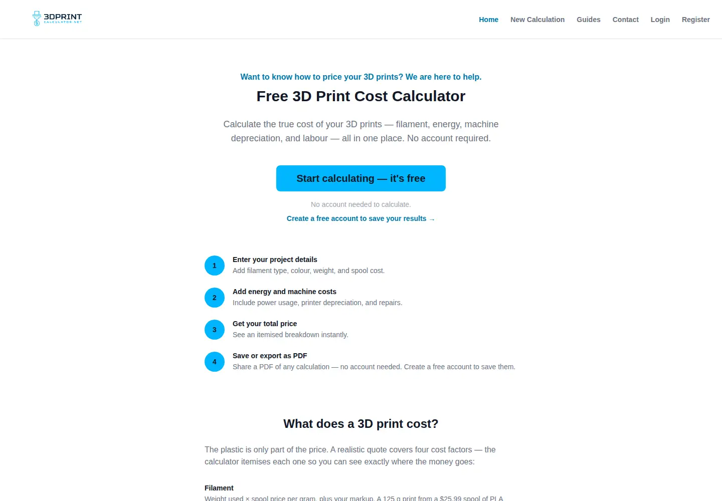 Screenshot of 3dprintcalculator.net