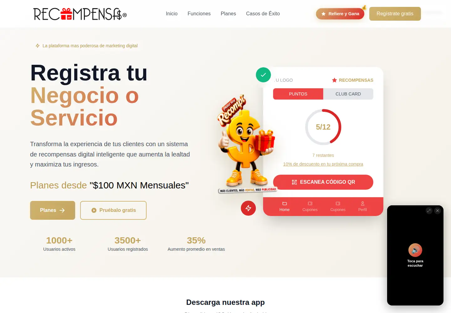 Captured homepage of recompensas.online in the current scan