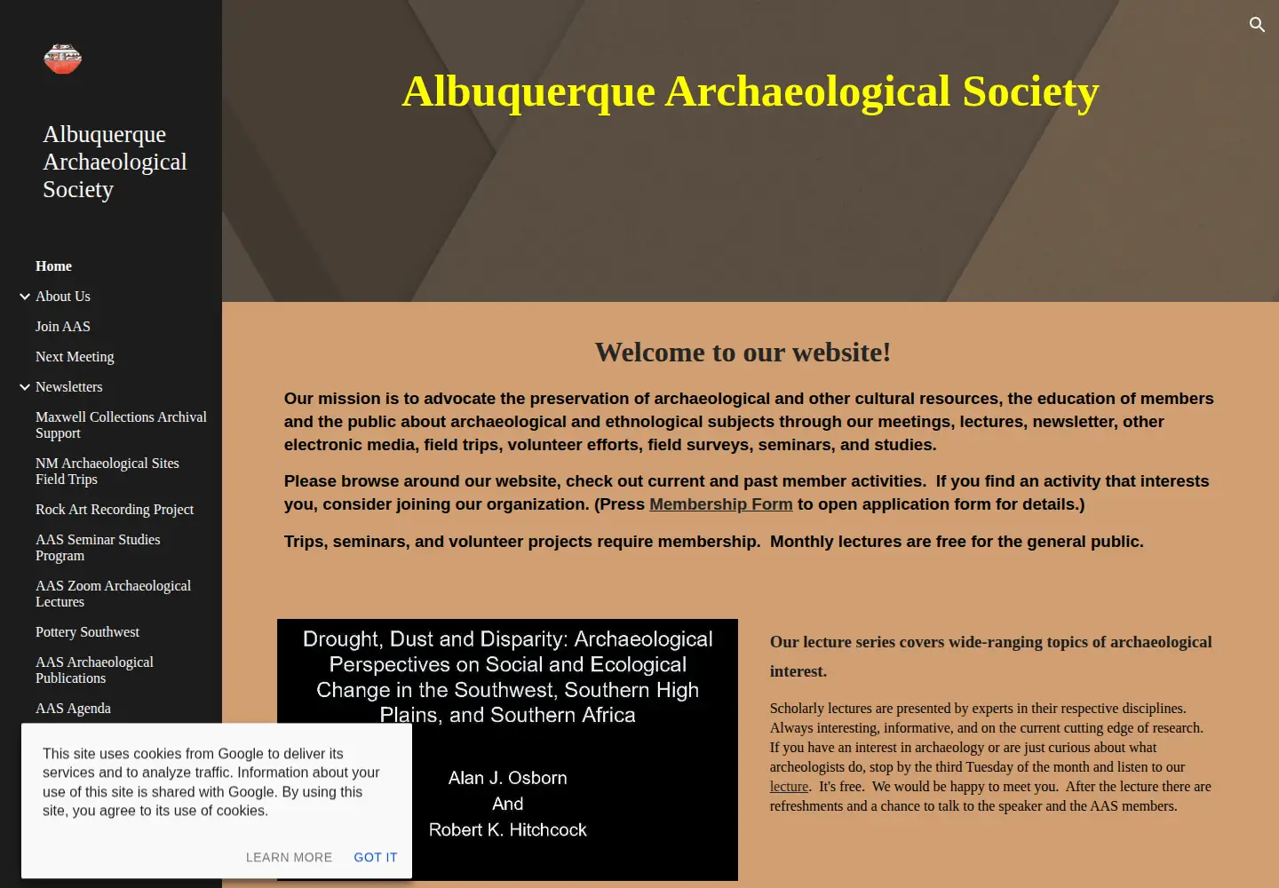 Captured homepage of abqarchaeology.org in the current scan