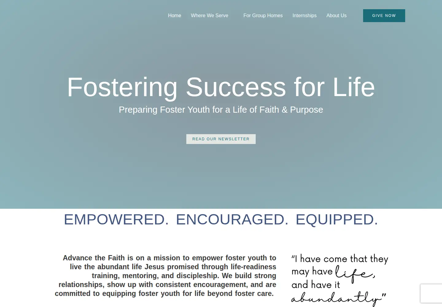 Captured homepage of advancethefaith.org in the current scan