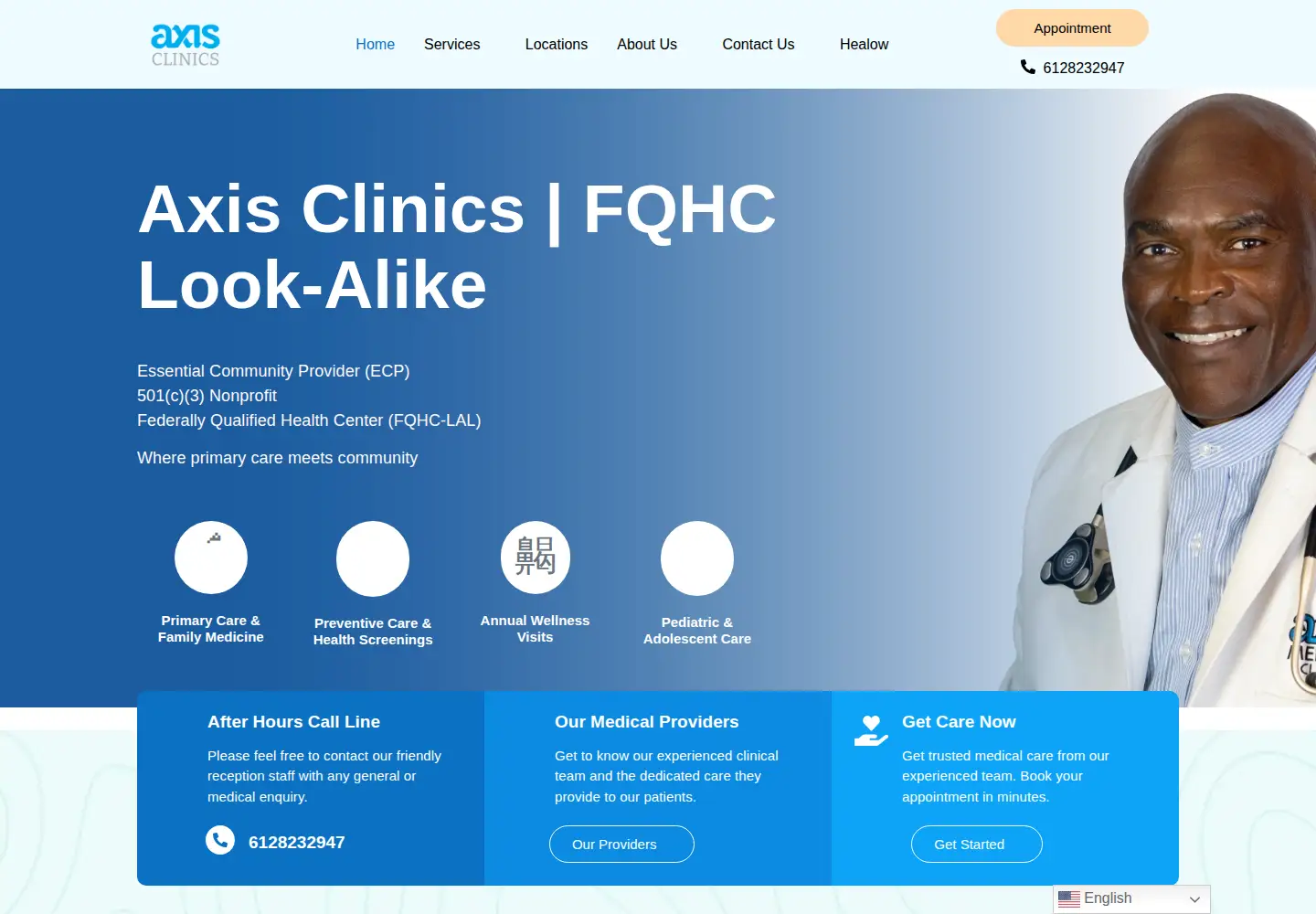 Captured homepage of axisclinics.org in the current scan