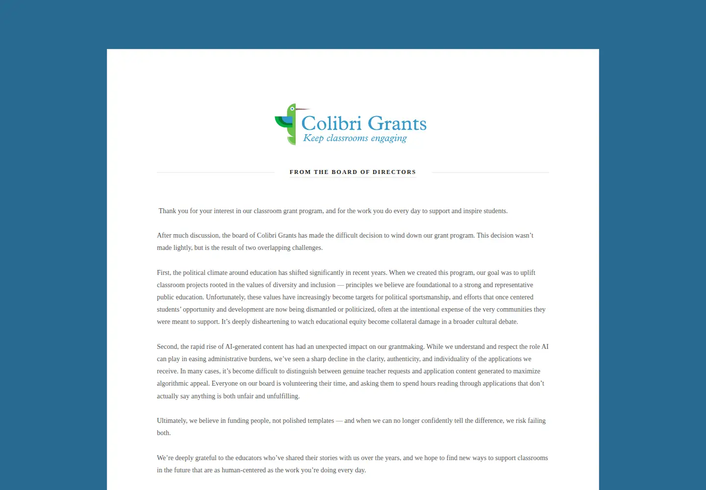 Captured homepage of colibrigrants.org in the current scan