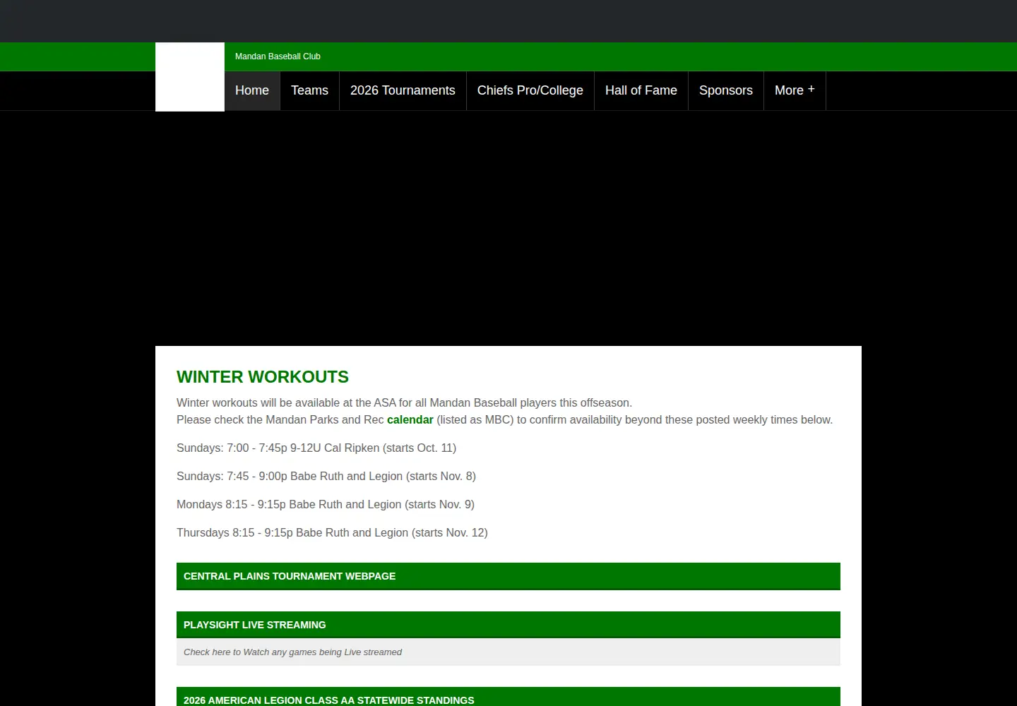 Captured homepage of mandanbaseball.org in the current scan