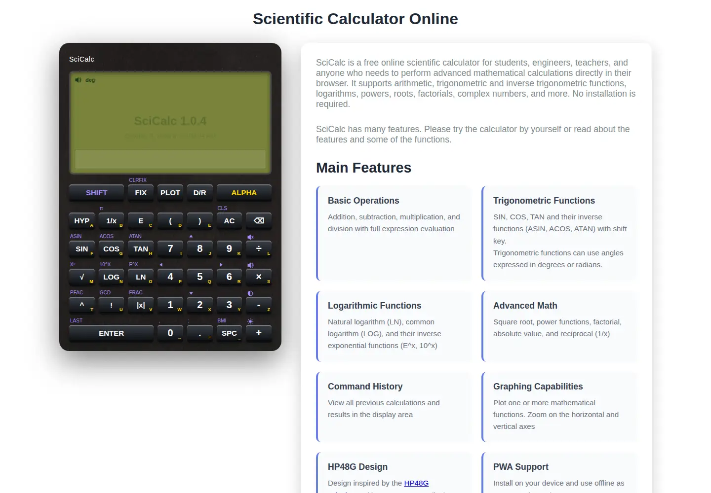 Screenshot of scicalc.org