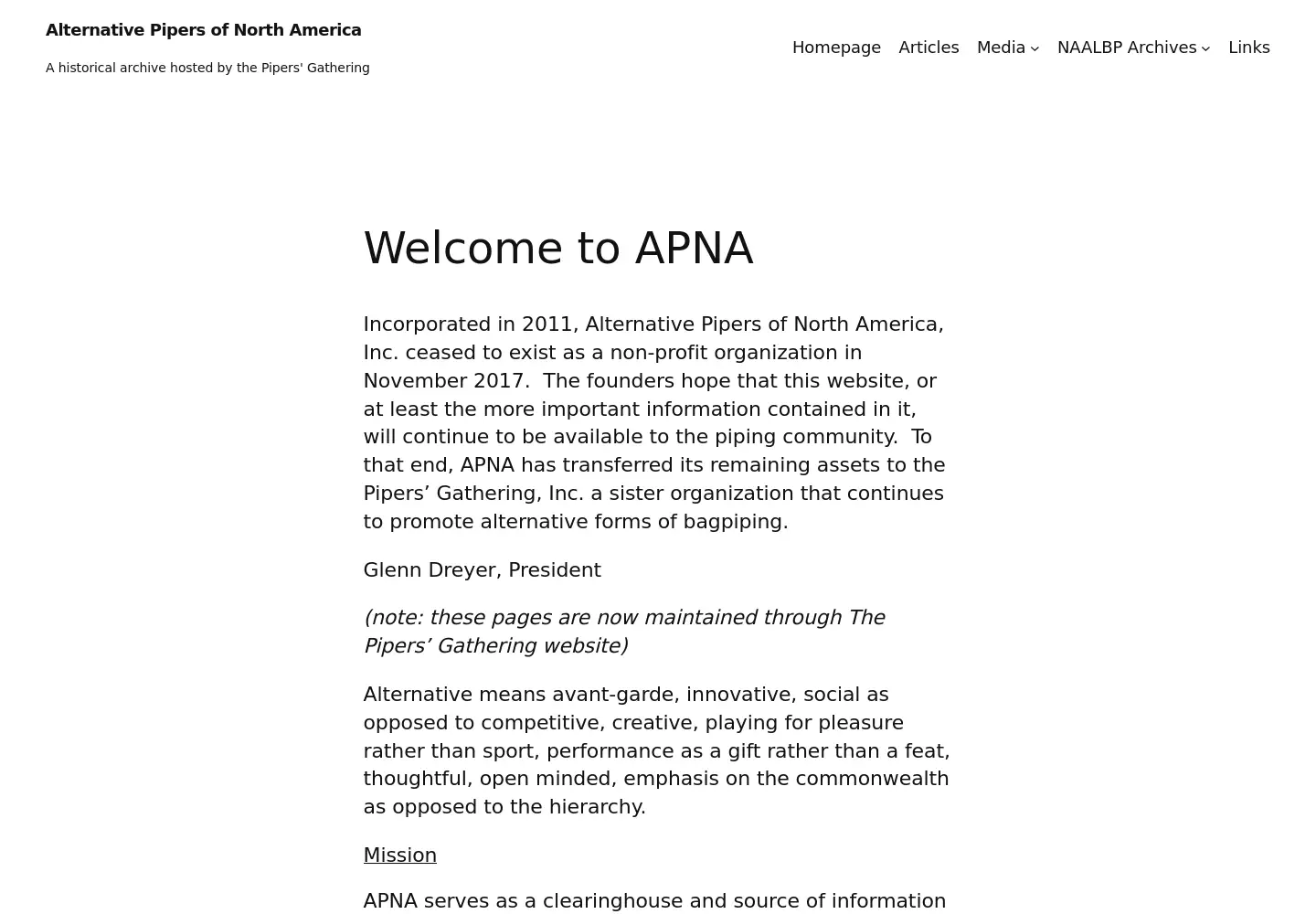 Captured homepage of theotherpipers.org in the current scan