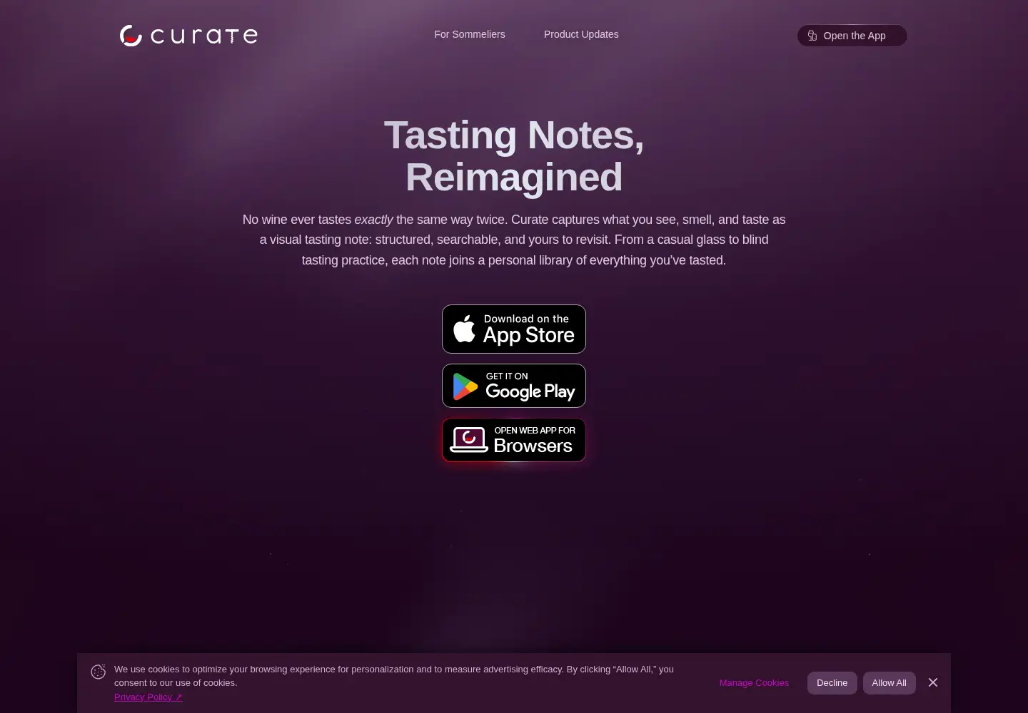 Captured homepage of curate.wine in the current scan