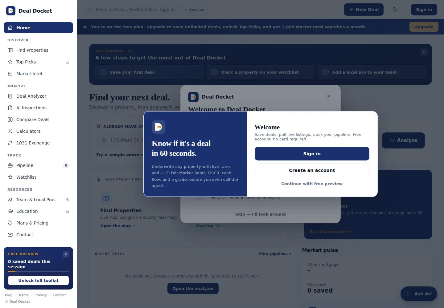 Captured homepage of dealdocket.ai in the current scan