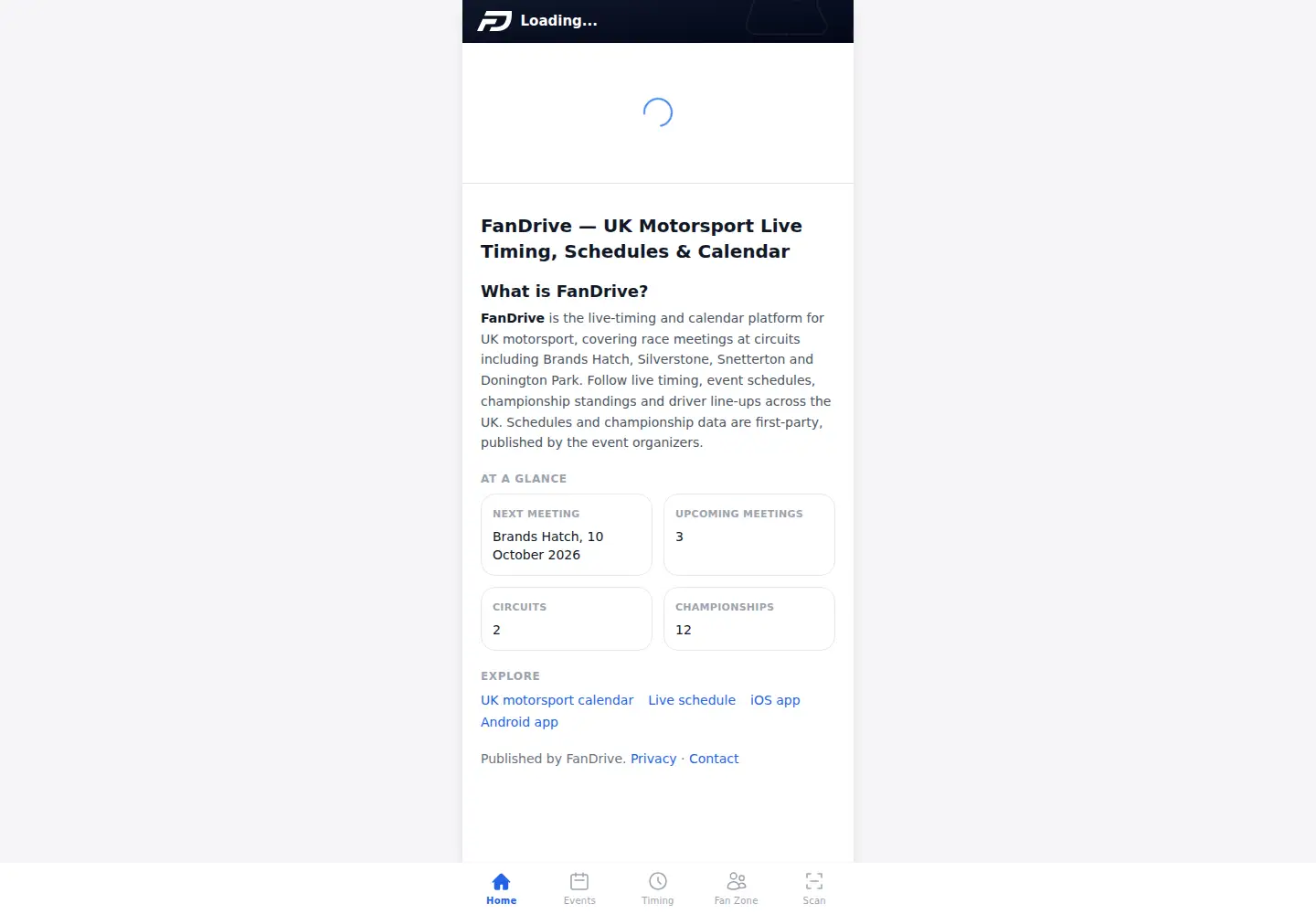 Captured homepage of fandrive.app in the current scan