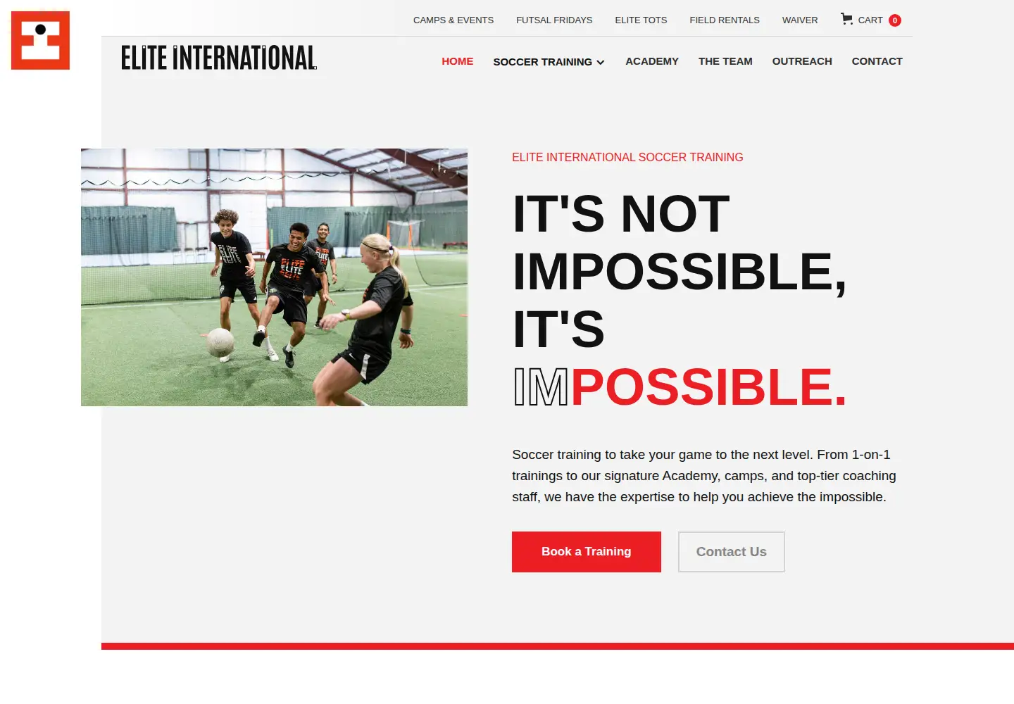 Captured homepage of eliteinternationalsoccertraining.com in the current scan