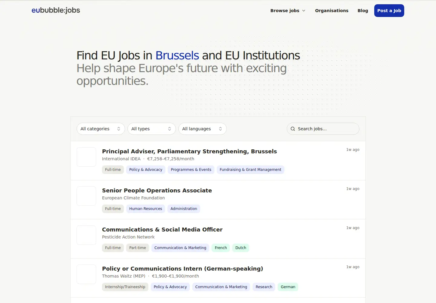 Captured homepage of eububblejobs.com in the current scan