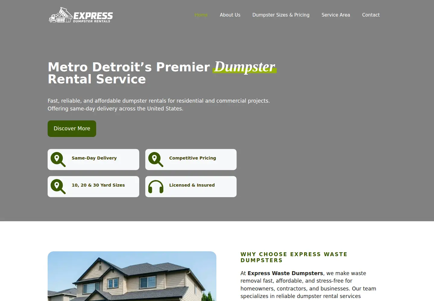 Captured homepage of expresswastedumpsters.com in the current scan