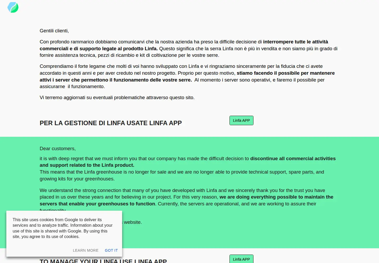 Captured homepage of getlinfa.com in the current scan