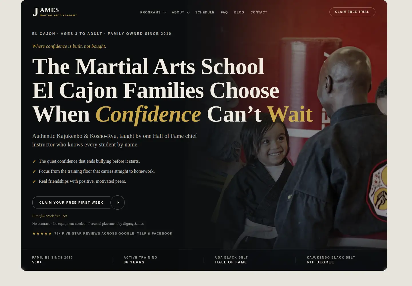 Captured homepage of jamesmartialartsacademy.com in the current scan