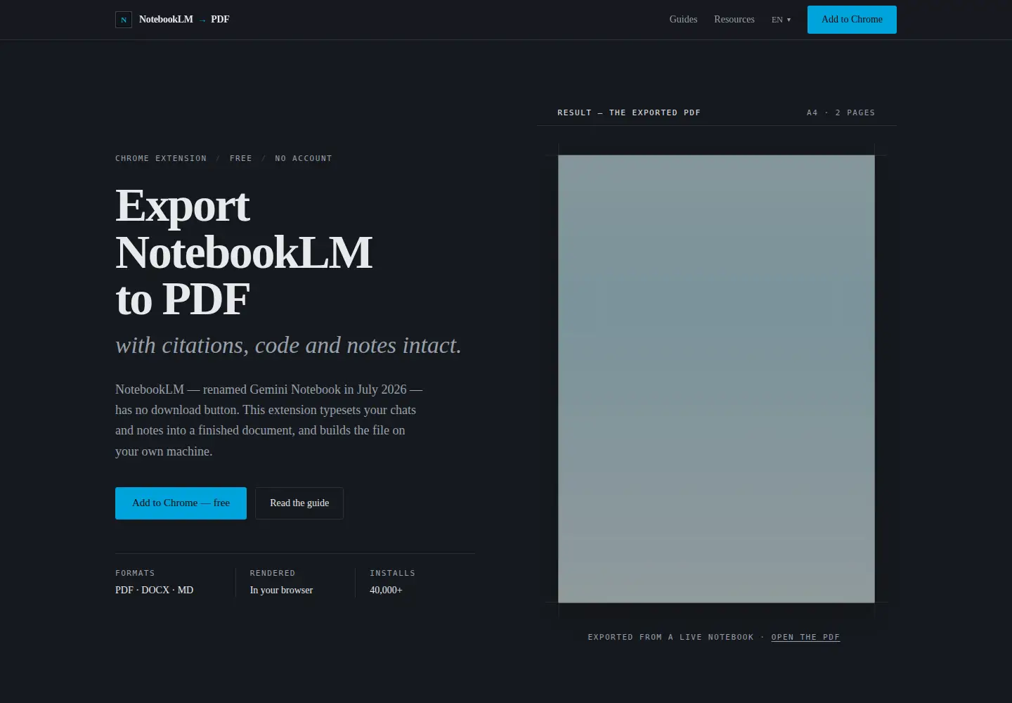 Screenshot of notebooklm-to-pdf.com