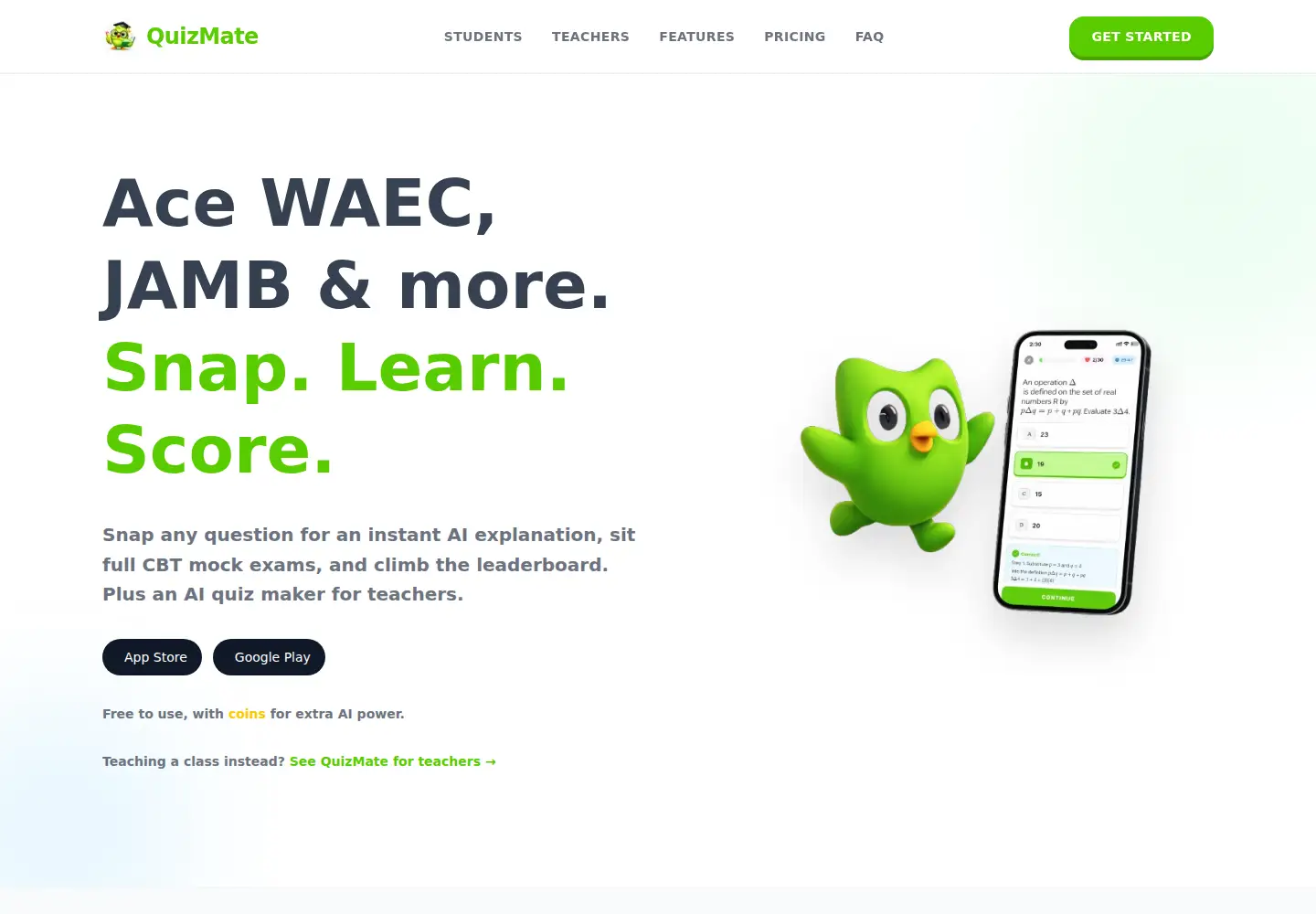 Screenshot of quizmatelearn.com