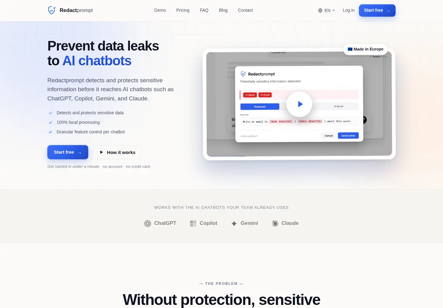 Screenshot of redactprompt.com
