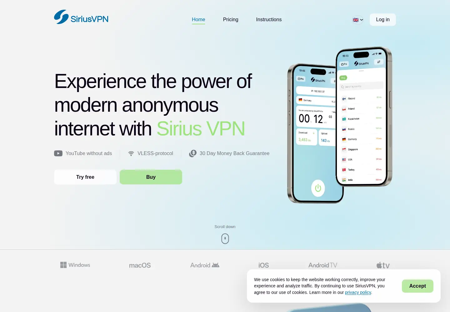 Captured homepage of siriusvpn.com in the current scan