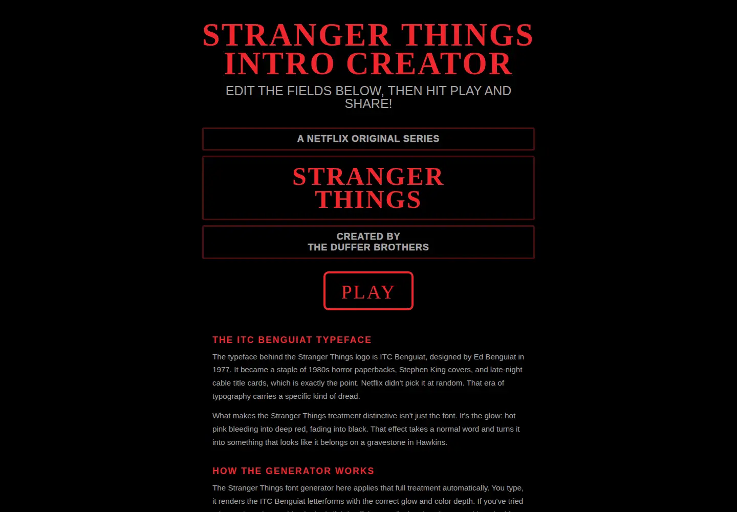 Screenshot of strangerthingsintrocreator.com