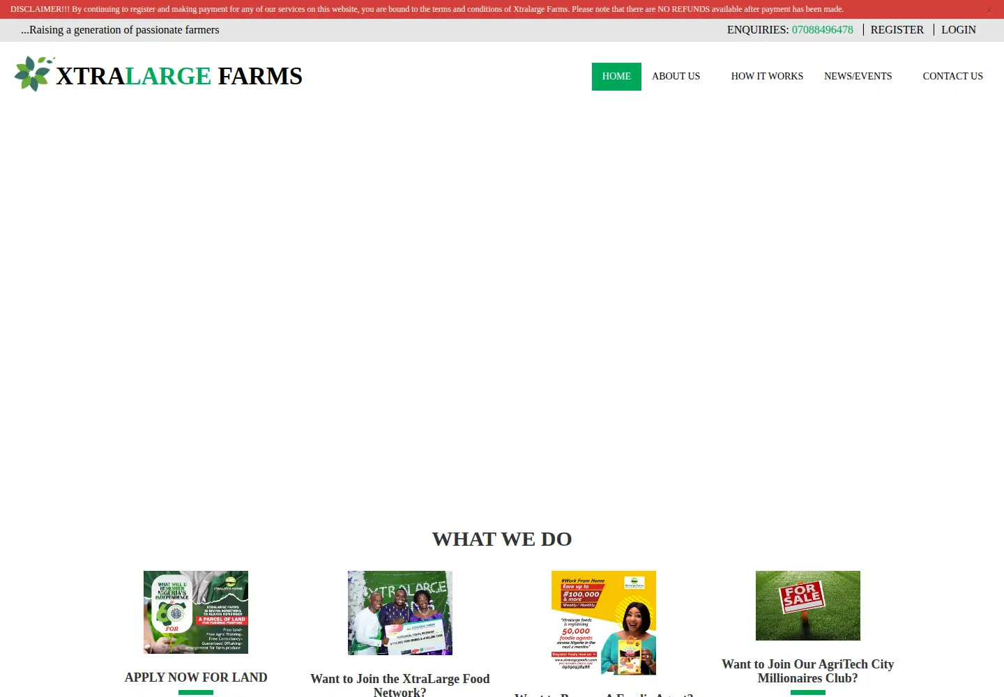 Captured homepage of xtralargefarms.com in the current scan