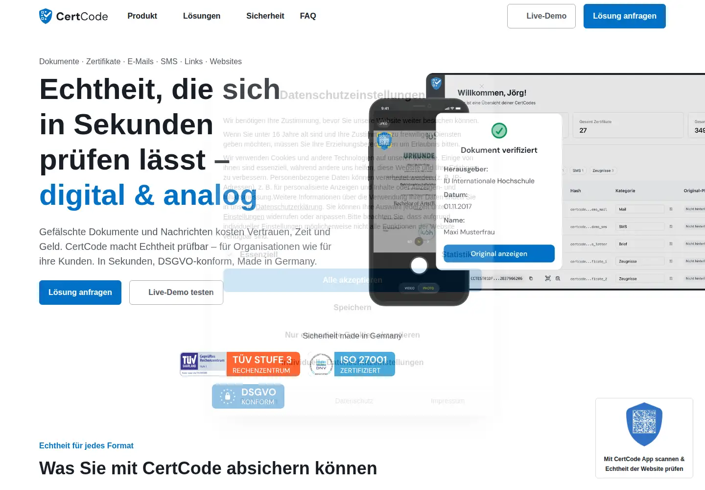 Captured homepage of cert-code.de in the current scan