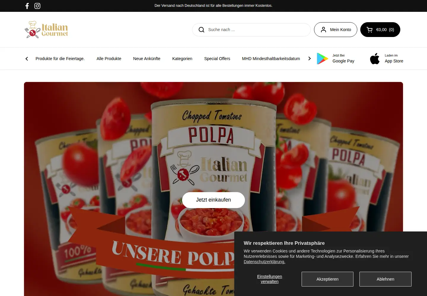 Captured homepage of italiangourmet.de in the current scan