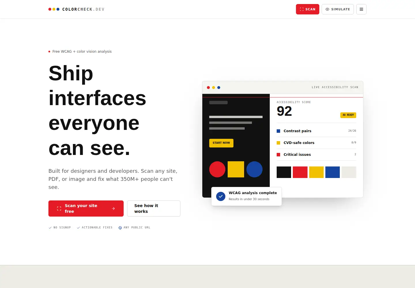 Captured homepage of colorcheck.dev in the current scan
