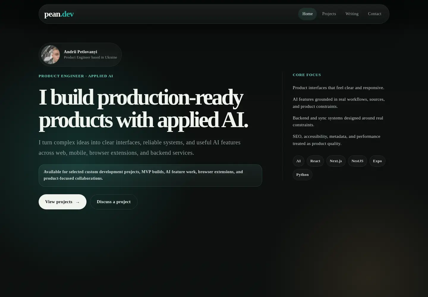 Captured homepage of pean.dev in the current scan
