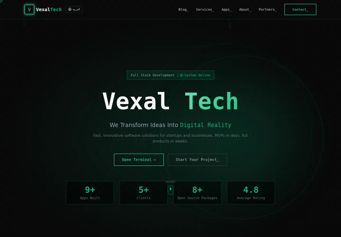Captured homepage of vexaltech.dev in the current scan