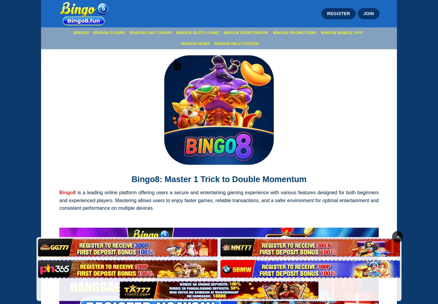 Captured homepage of bingo8.fun in the current scan