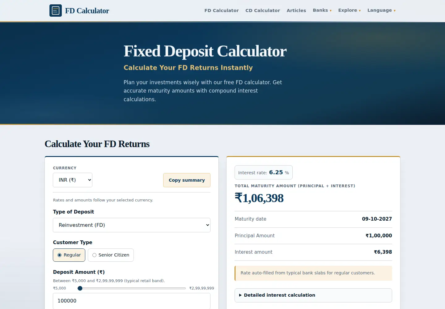 Screenshot of fdcalculator.net