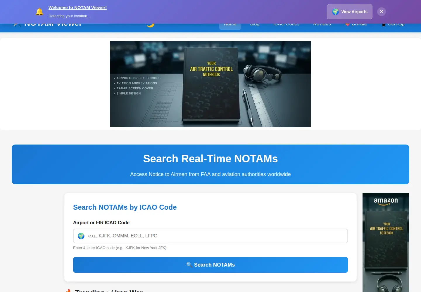 Captured homepage of notams.online in the current scan