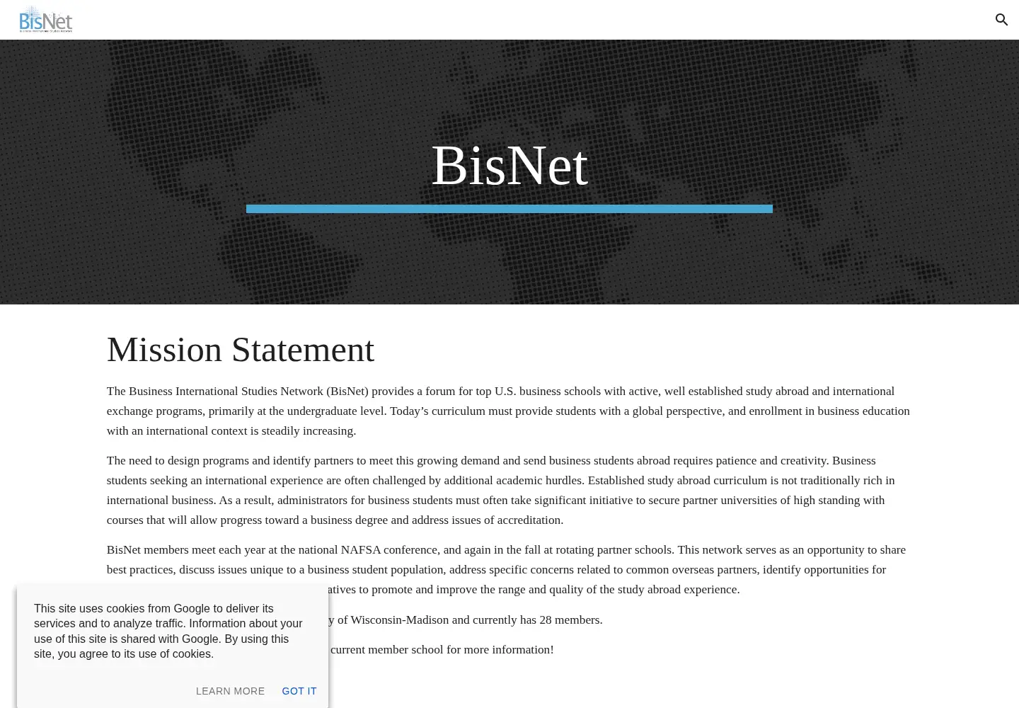 Captured homepage of bisnetuniversities.org in the current scan