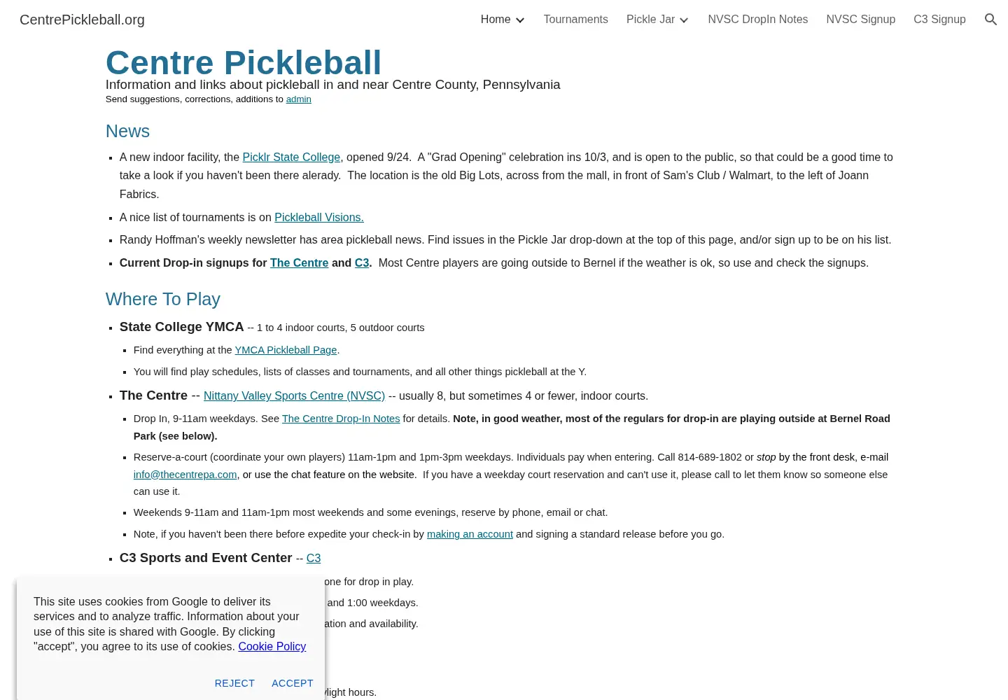 Captured homepage of centrepickleball.org in the current scan