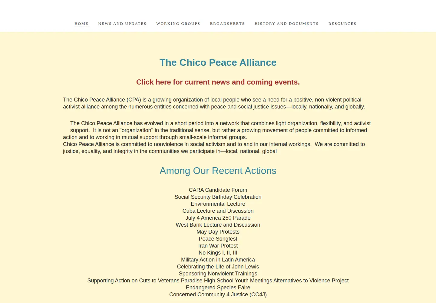 Captured homepage of chicopeacealliance.org in the current scan