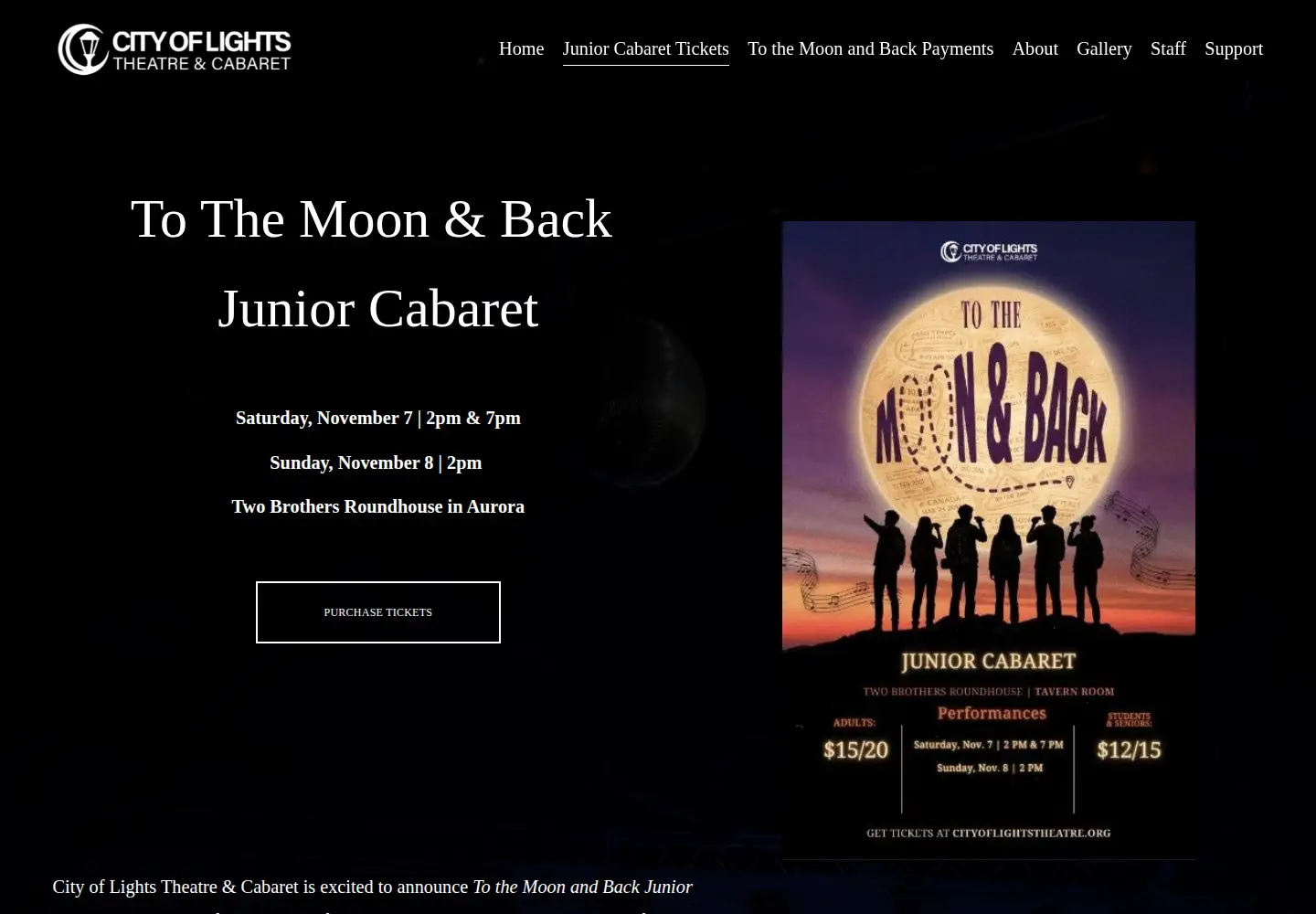 Captured homepage of cityoflightstheatre.org in the current scan