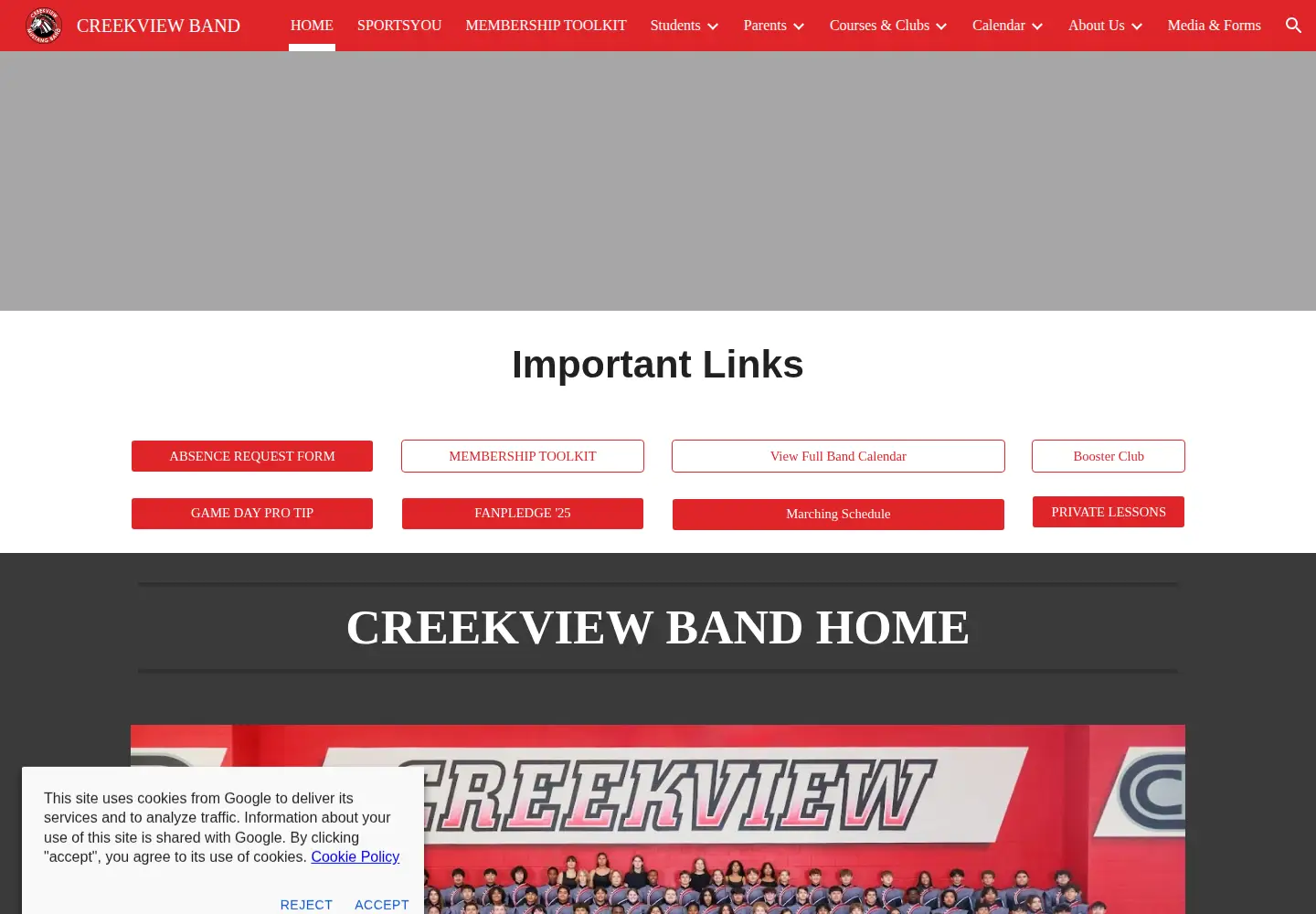 Captured homepage of creekviewband.org in the current scan