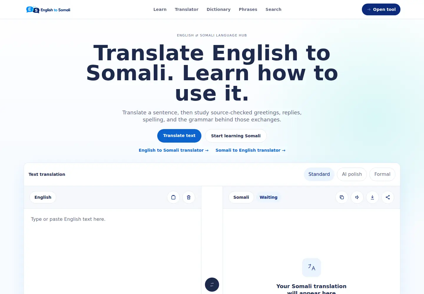 Screenshot of englishtosomali.org