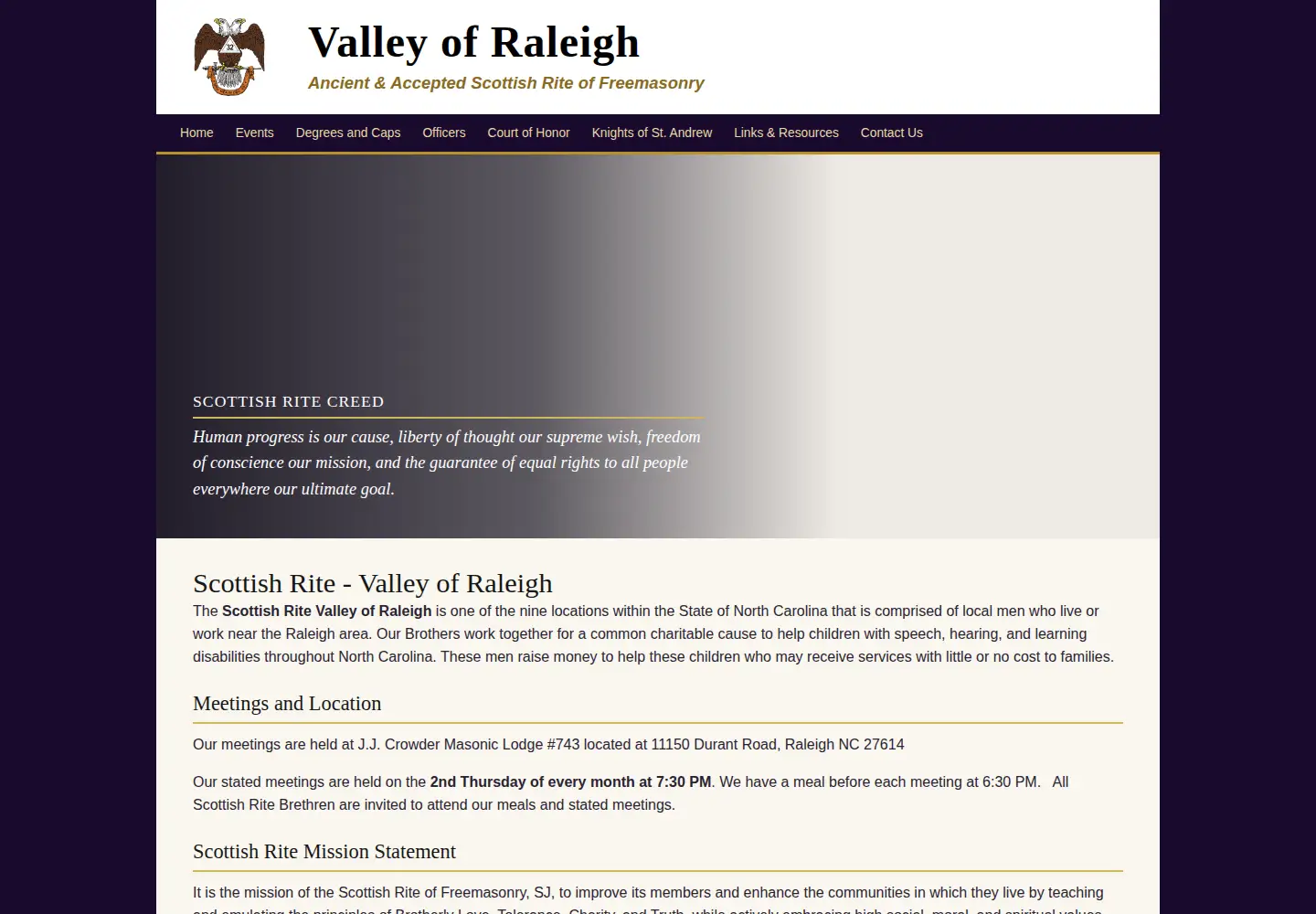 Captured homepage of raleighscottishrite.org in the current scan