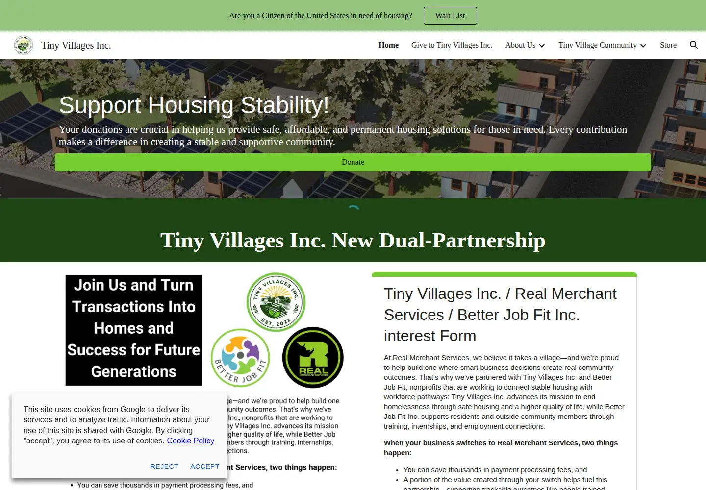 Captured homepage of tinyvillages.org in the current scan