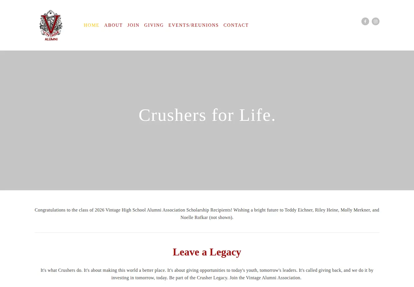 Captured homepage of vintagealumni.org in the current scan