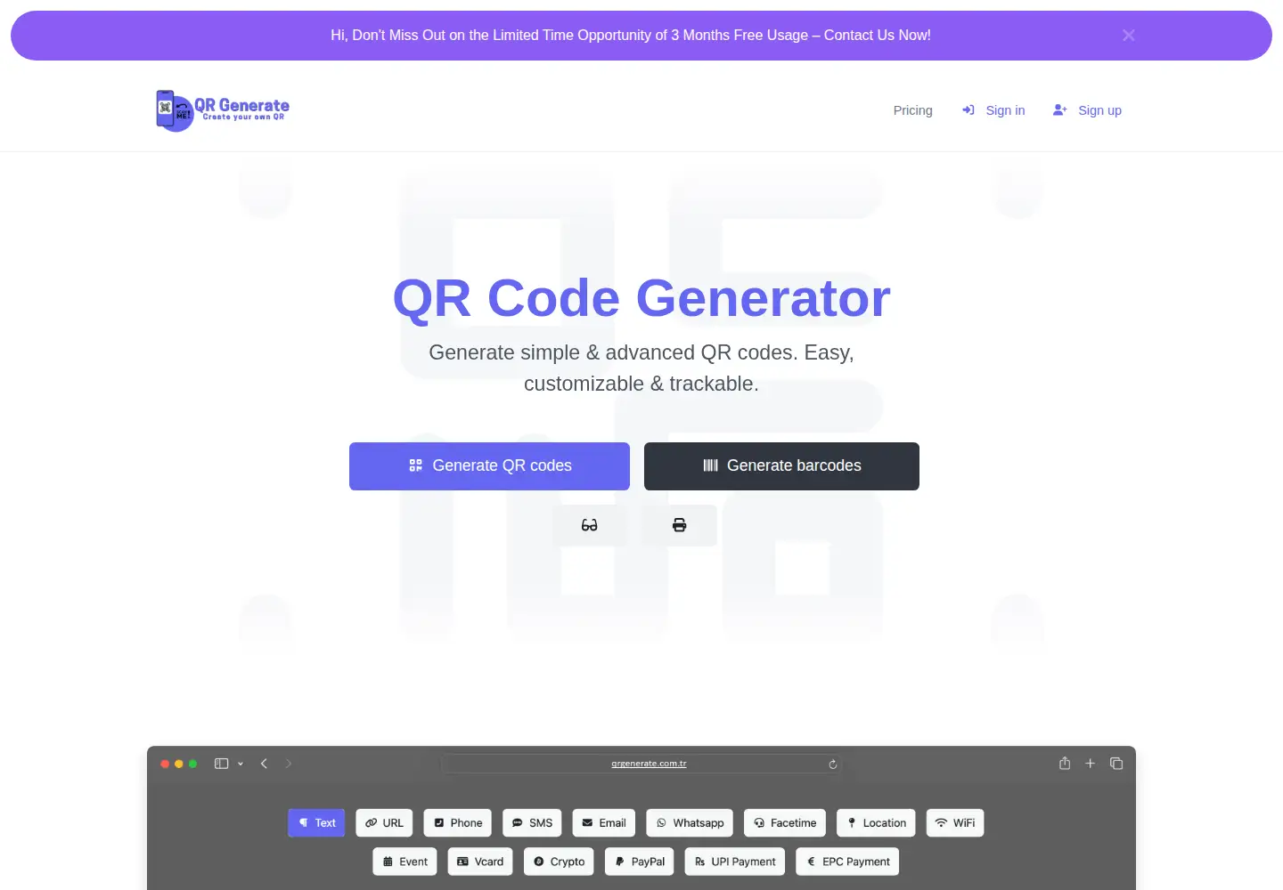 Captured homepage of qrgenerate.com.tr in the current scan