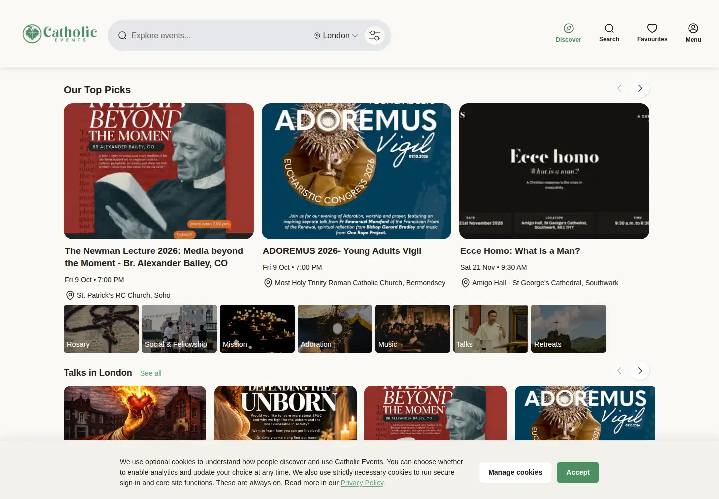 Captured homepage of catholicevents.co.uk in the current scan