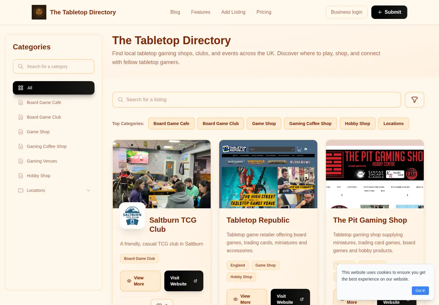 Captured homepage of tabletopdirectory.co.uk in the current scan